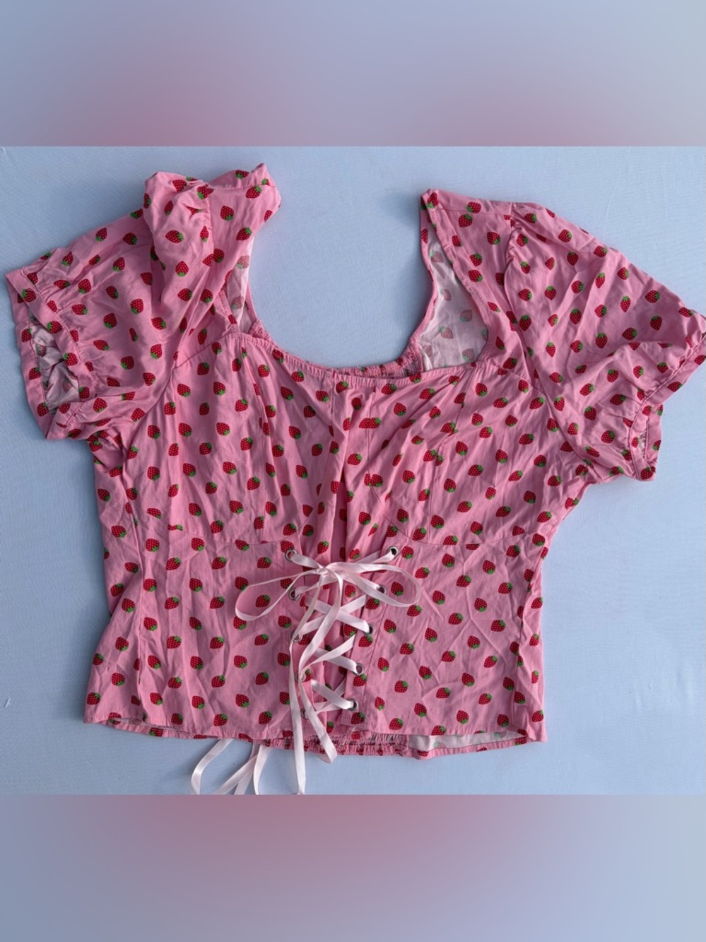 Hot Topic Strawberry Print Lace Up Crop Top 2XL Cottagecore Coquette Puff Sleeve